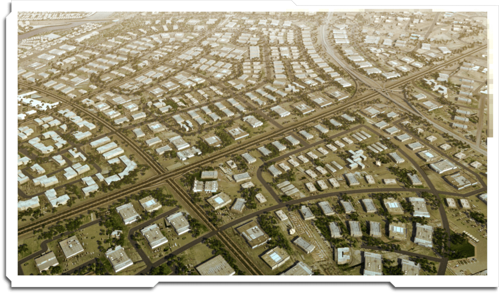 Aerial views of ‘King Abdullah Economic City’, Saudi Arabia – the industrial valley, King Abdullah port, and the educational zone. Base render by others.