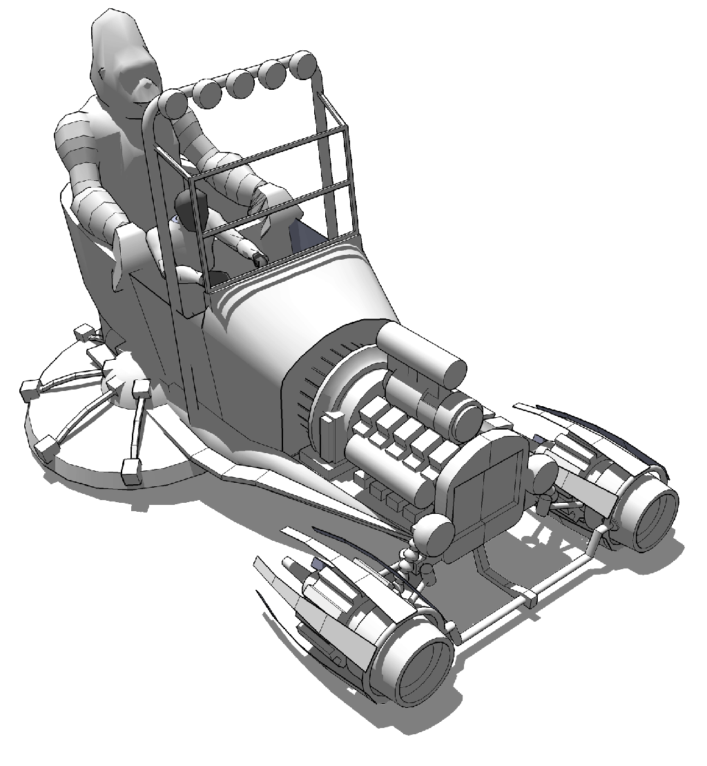 Vehicle design in SketchUp. The tool is not an organic modeler, nor an animation tool – but it is surprising how far it can be pushed. The characters are rigged and posed entirely within SketchUp itself.