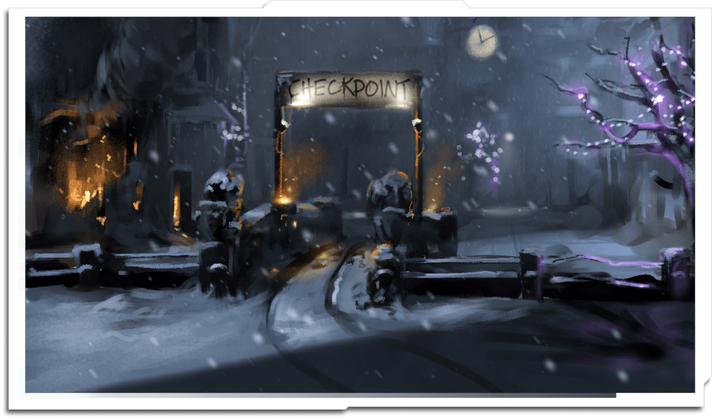 Town square checkpoint. Done for an art test that subsequently turned out to be a scam (sigh), but it produced a painting I’m quite happy with.