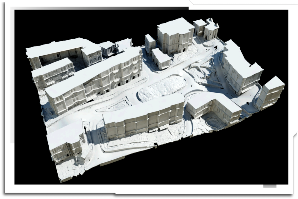The same ‘bounding box matching’ workflow could be tweaked to produce roads, kerbs, pavements, paths and green spaces based on a single source image. This example lacks rooftops, which aren’t a very good fit for a modular system unless the surface is very uniform.