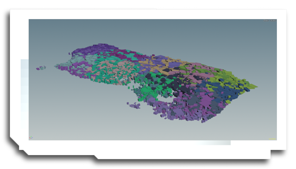 Because the tool simply matches tagged volumes with assets, exactly the same system can be used for vegetation. Here, a ‘grass’ volume is filled with cubes using a packing algorithm, and the closest fit is assigned from a vegetation library.