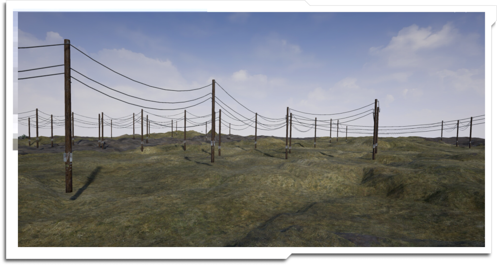 One of the great things about using a game engine is getting a lot of additional functionality for free. At the very end of the project, it was noted that none of the utility poles had cables, so I wrote a tool in blueprint to procedurally create a plausible network of simulated softbody wires.