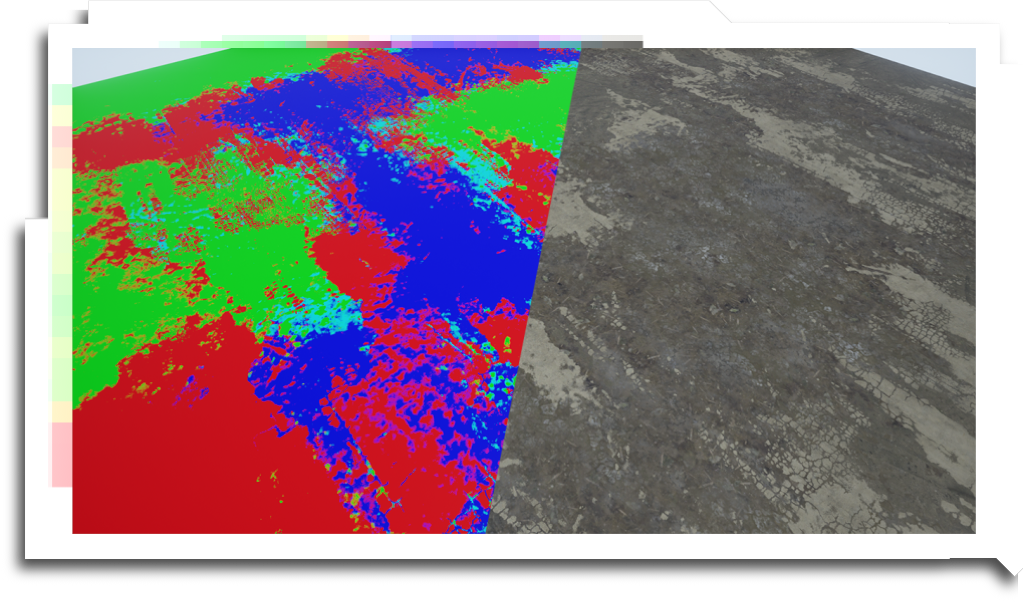 I also created a 5-layer blend shader for Unreal, which allowed artists to edit the terrain texture interactively. The vertex map was exported as a primvar, and the shader was duplicated in Katana, giving a precise match between Unreal and Renderman.
