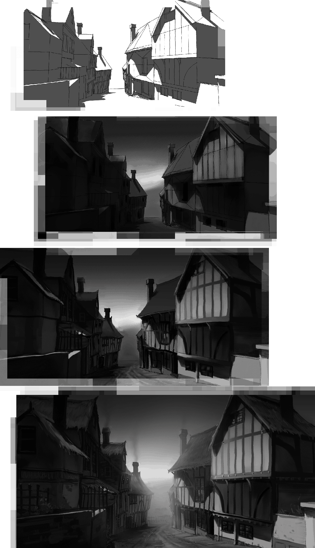 Stages of the ‘Town Street’ illustration for the Film’s prologue. The sequence was meant to have a comic-book feel, so these illustrations were used as backgrounds in the actual film, rather than concepts for a more photo-real painting.