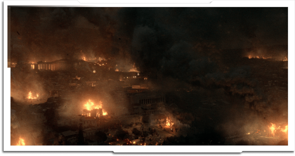 300: Rise of an Empire – 2014 I was lead artist on this fast-turnaround sequence, the sacking of Athens. I created two panoramas of the city – one during the day, and one at night.