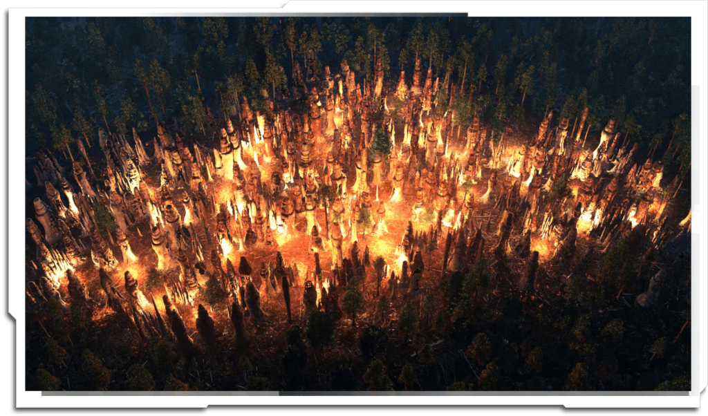 Matte painting of the Tree Spirit colony on fire. Flames and smoke were added by the FX artists.
