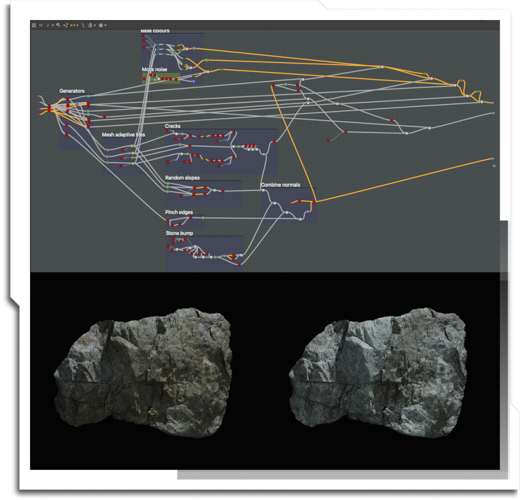 The photogrammetry rocks were shot on a relatively old camera (before I replaced it with a Sony A7R), and were quite soft. This is a substance designer script to up-res and sharpen the edges, to create the appearance of higher quality assets.