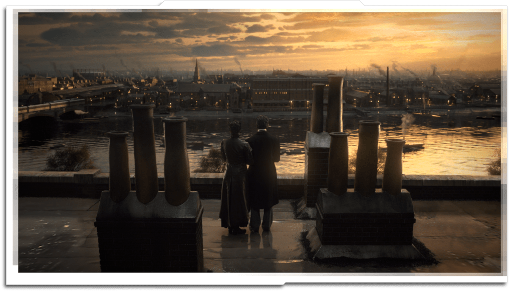 London skyline for the final sequence of Episode 1, seen from the rooftops of Victoria embankment. Time was meant to be around 1900 – and unusually for an aggressive TV schedule, I had the time for some historical research. Blackfriars bridge is on the left, and straight ahead is what is now the ‘OXO’ tower.