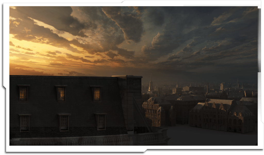 London Skyline reverse angle. I didn’t realise how defocused the final shot was going to be, and put in a ton of detail that was never seen. Base building geometry by Remo Weiland.