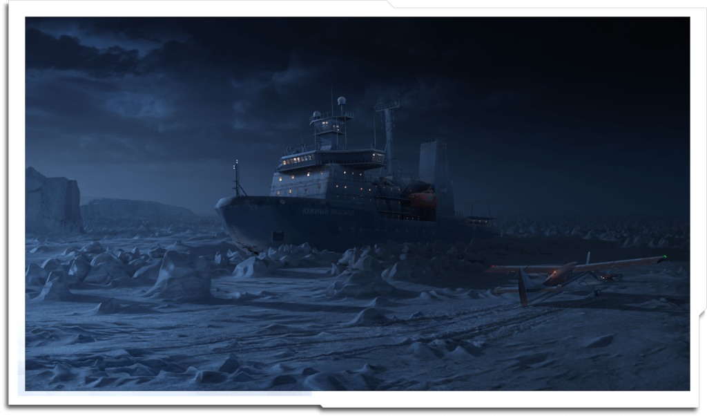 Establishing matte paintings of the eponymous ‘Icebreaker’ in Episode 7, stranded in the Bering Sea. Base renders of the ship were provided, and the surrounding icebergs were scattered in Vue.