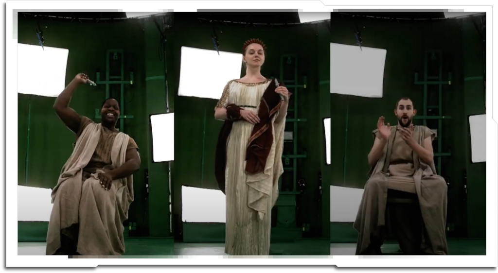 More than 100 extras were recorded at Dimension’s volumetric capture studio, from which 24 looping sequences were created. These were baked to a set of flipbooks, including world normal and depth information. The result was a lightweight crowd setup that would still react to lighting changes, as well shadow correctly.