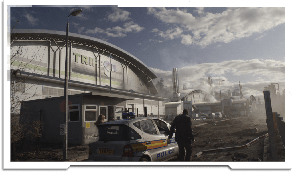 Another angle of the Triffoil facility destruction. Build architecture is inspired by a water treatment plant close to Heathrow airport.