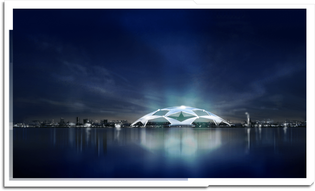Initial design for the Skyline matte painting. I preferred this design, but it was thought that it discriminated against host cities that didn’t have a waterfront view.